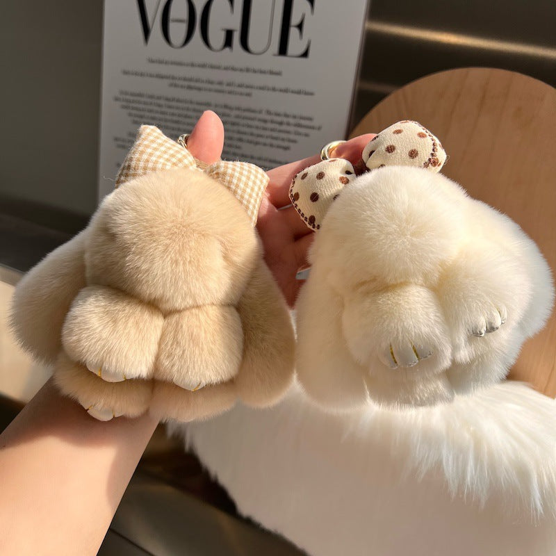 Cute Real Rex Rabbit Hair Bow Bunny Keychain