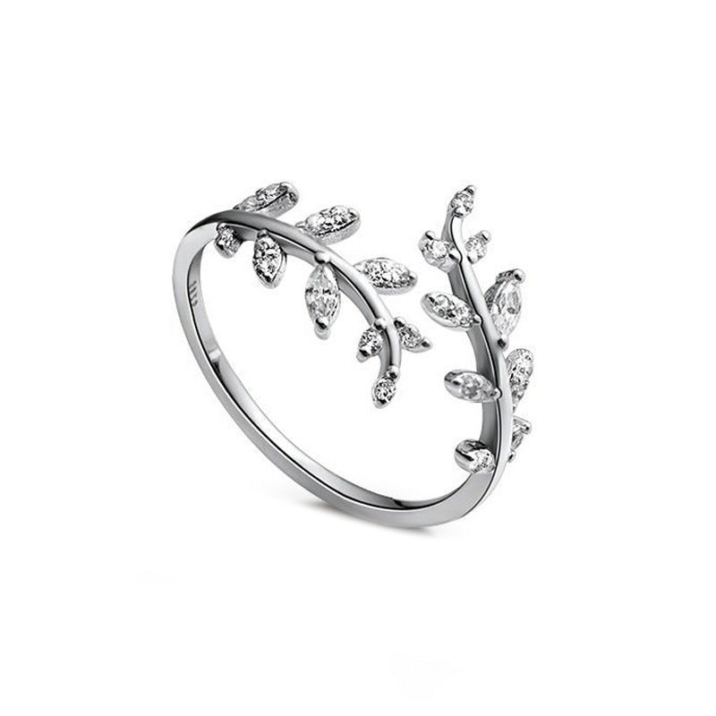 S925 Sterling Silver Diamond Leaf Ring