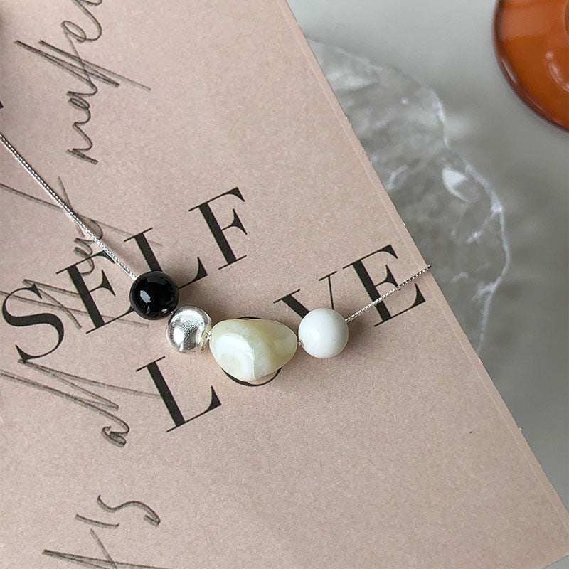 S925 Silver Black Agate White Shell Stitching Necklace