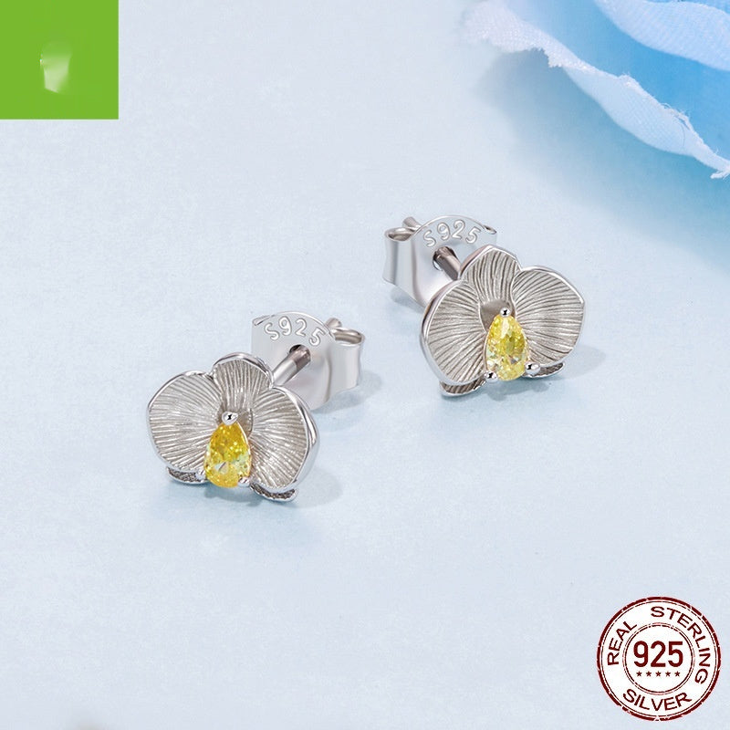 Sterling Silver White Gold Plated Phalaenopsis Stud Earrings