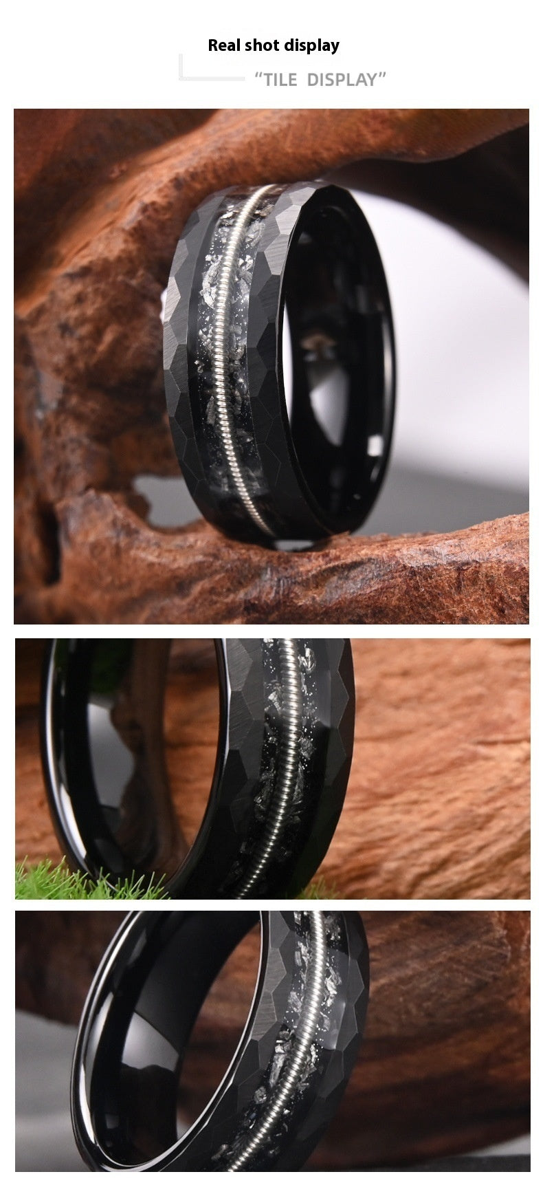 8 Wide Electric Black Tungsten Steel Inlaid Guitar Wire Ring