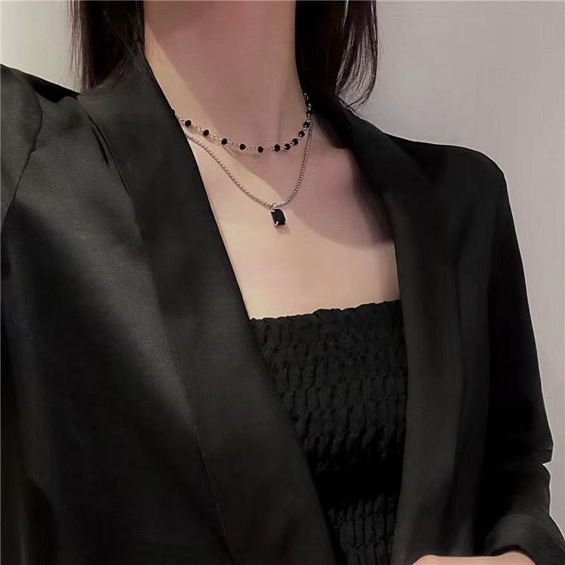 Double Layer Twin Black & Rhinestone Necklace