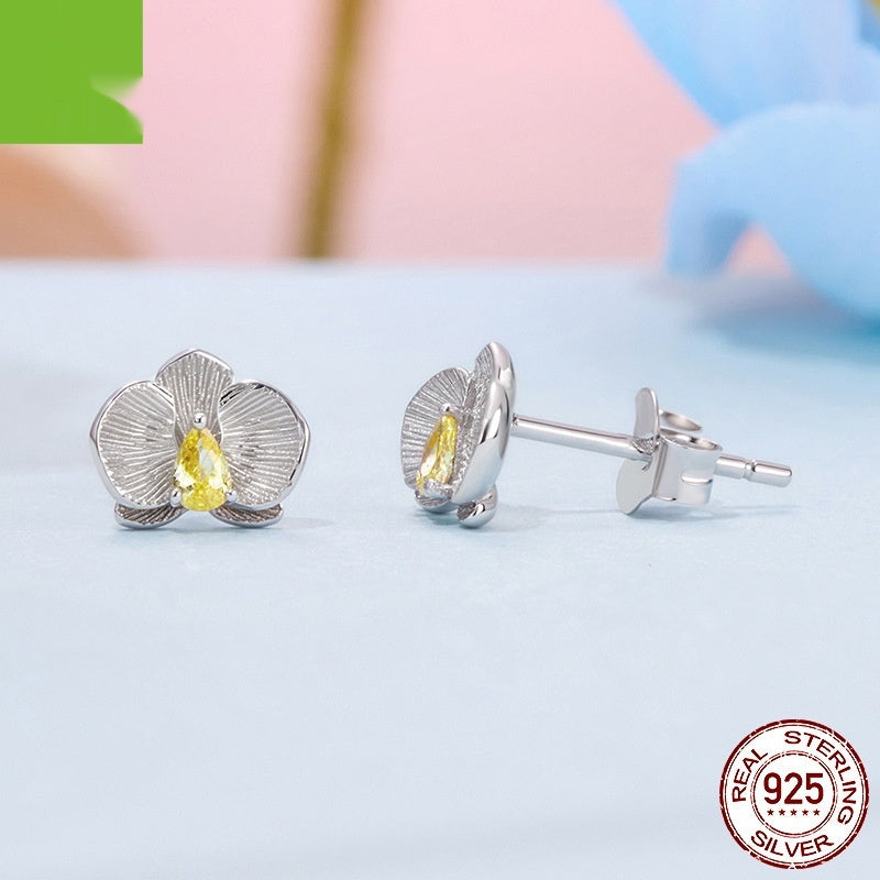 Sterling Silver White Gold Plated Phalaenopsis Stud Earrings