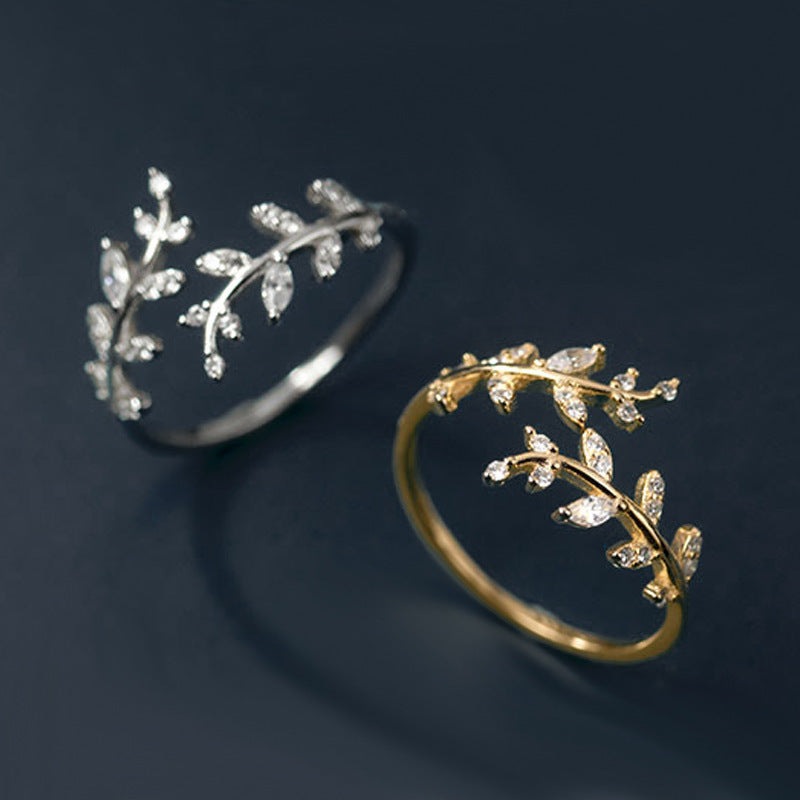S925 Sterling Silver Diamond Leaf Ring