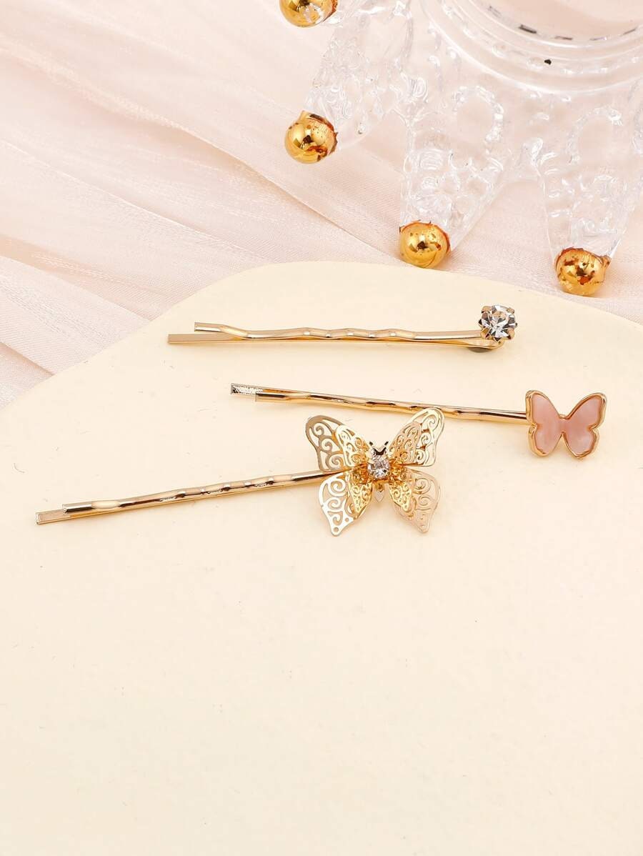 3pcs Rhinestone & Butterfly Bobby Pin