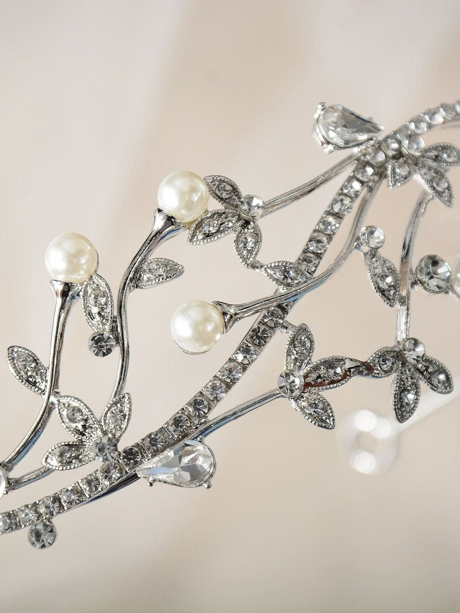 Rhinestone Leaf & Faux Pearl Bridal Headband