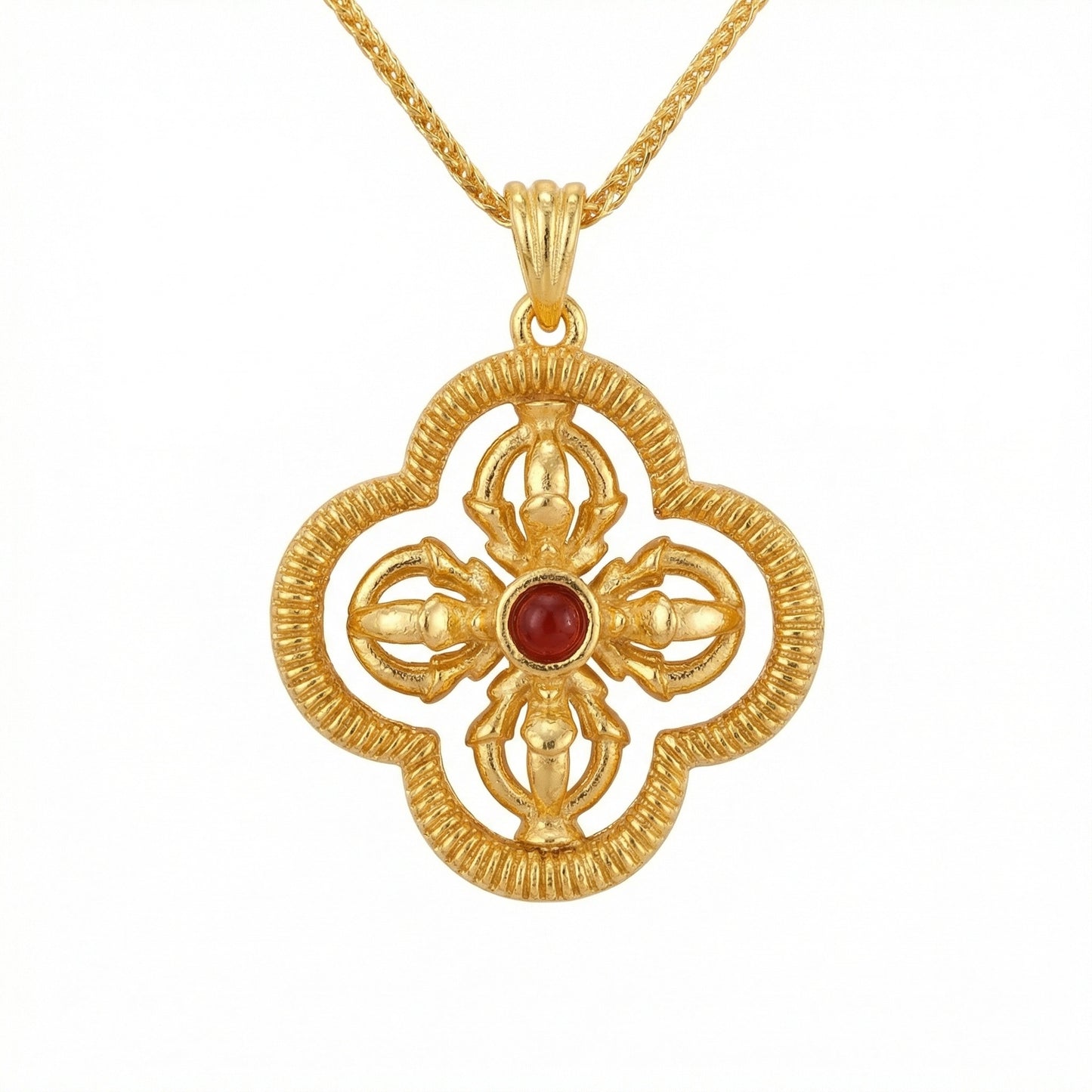 925 Sterling Silver Ornate Crimson Gemstone Double Vajra Pendant on Elegant Woven Chain