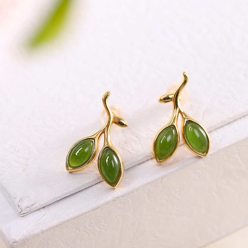 925 Sterling Silver Hetian Jade Bud Stud Earrings