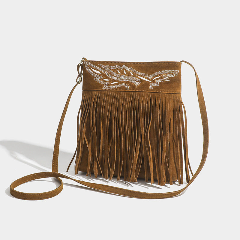 Retro Embroidered Small Square Texture Matte Tassel Bag