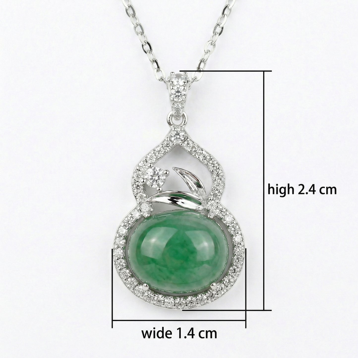 925 Sterling Silver Elegant Green Jadeite Gourd Pendant Necklace with Shimmering Diamond Accents