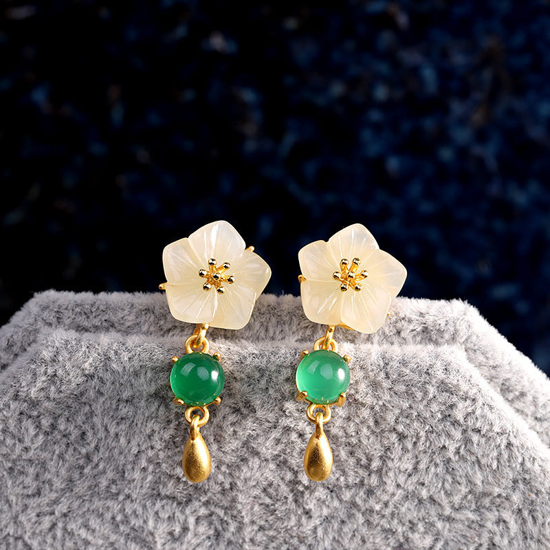 S925 Silver Plated Women's Floral Hetian Jade Ear Studs