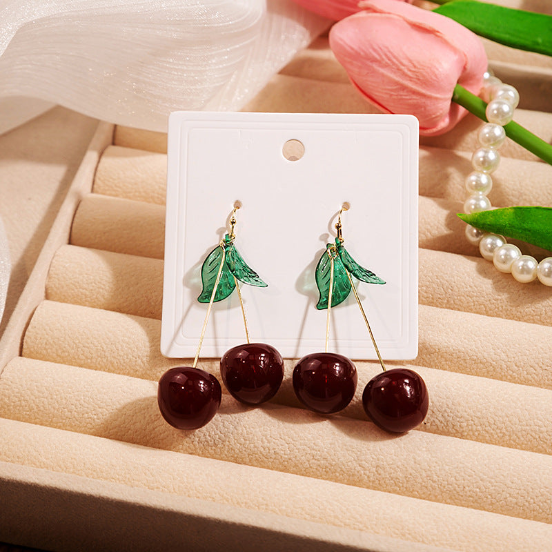 Delicate Green Leaf Cherry Resin Earrings