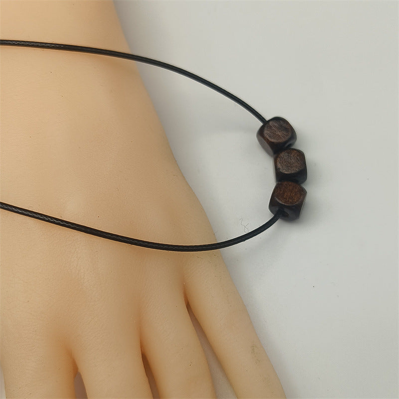 Bohemian Retro Style Black Braided Leather Rope Wooden Beaded Necklace