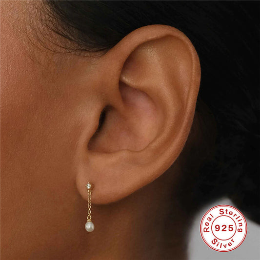 S925 Sterling Silver Tassel Diamond Temperamental Pearl Stud Earrings