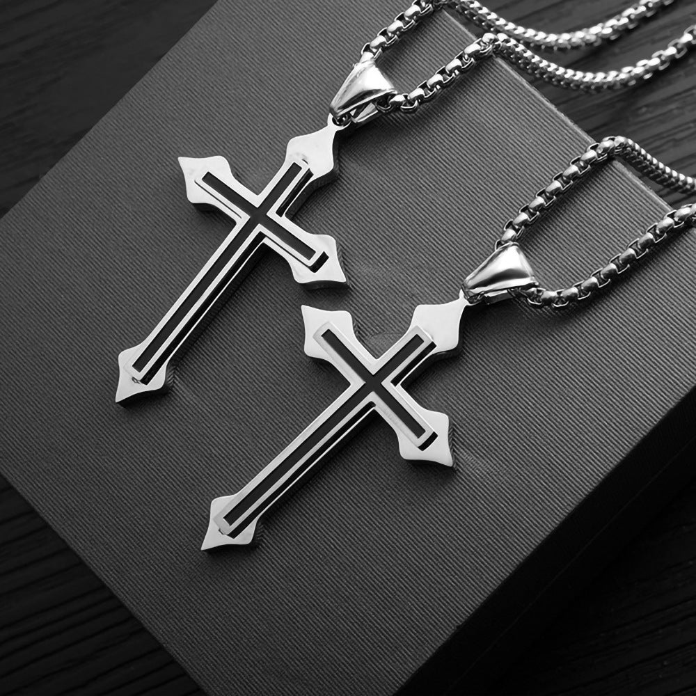 Titanium Steel Men Black Cross Pendant Necklace