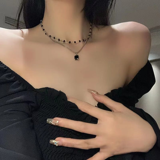 Double Layer Twin Black & Rhinestone Necklace