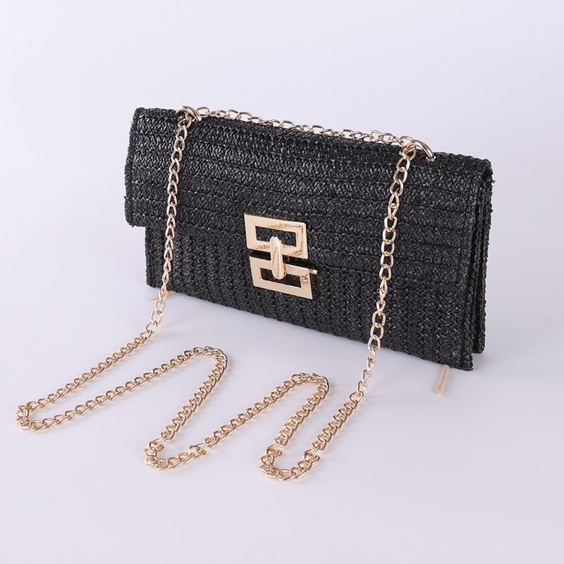 Chain Flap Screw Lock Straw Bag