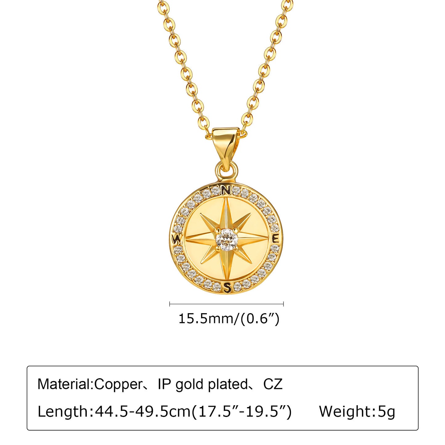 Copper Zircon Compass Round Plate Pendant Gold Necklace