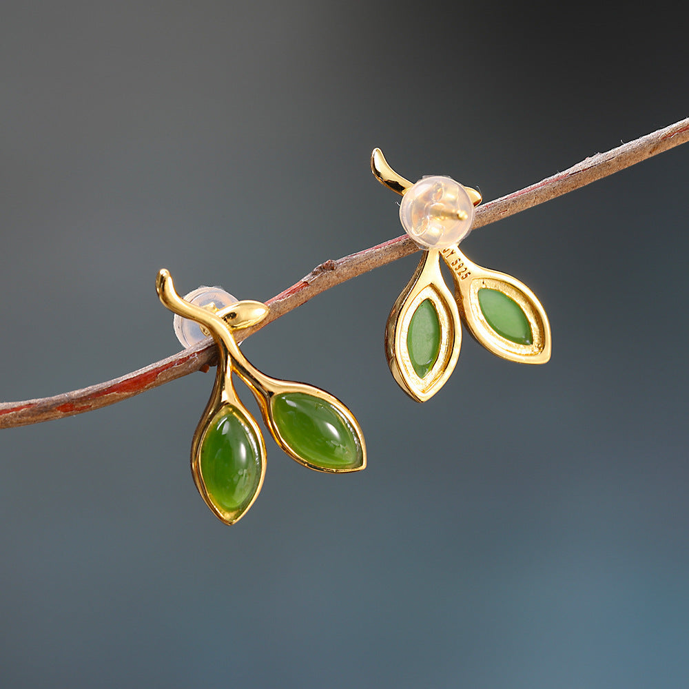 925 Sterling Silver Hetian Jade Bud Stud Earrings