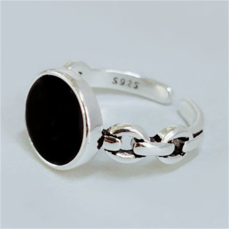 S925 Silver Black Dot Epoxy Round Open Ring