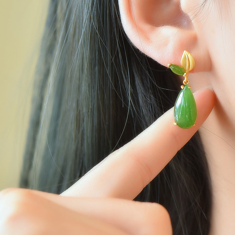 Inlaid Hetian Jade Leaves Gold-plated Earrings