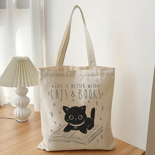 Durable One Shoulder Cat And Book Large Capacity Canvas Bag