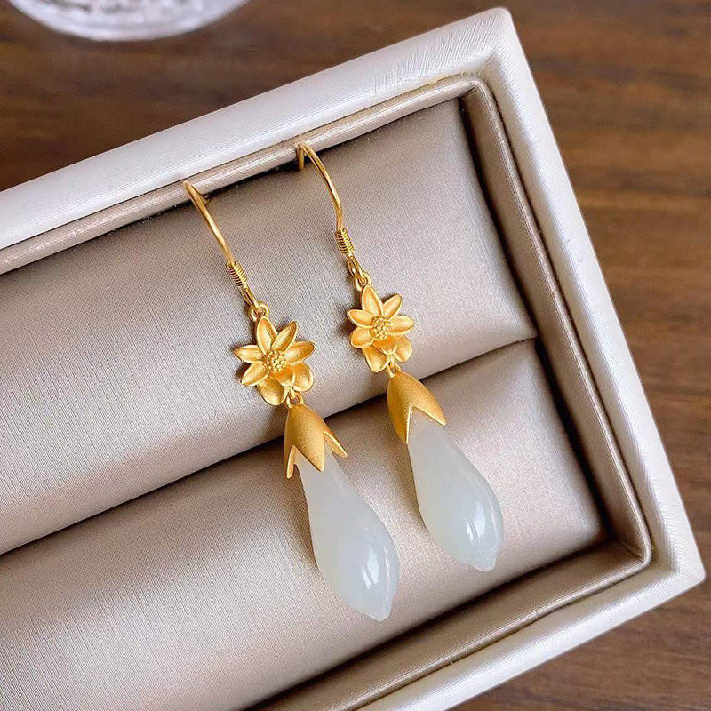 S925 Sterling Silver Style Magnolia Hetian White Jade Earrings