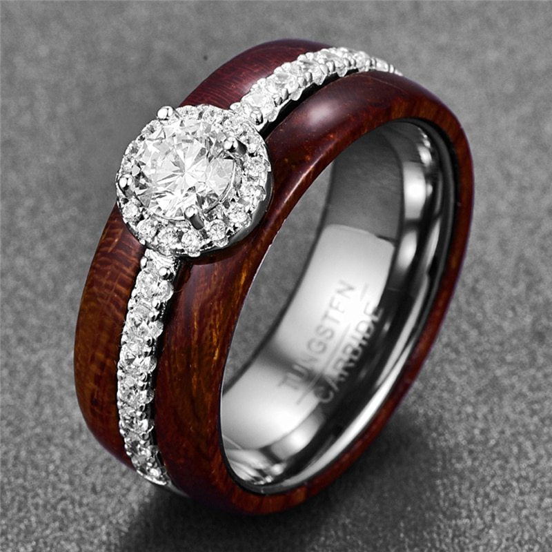 Wooden Silver Inlaid Zircon Ring