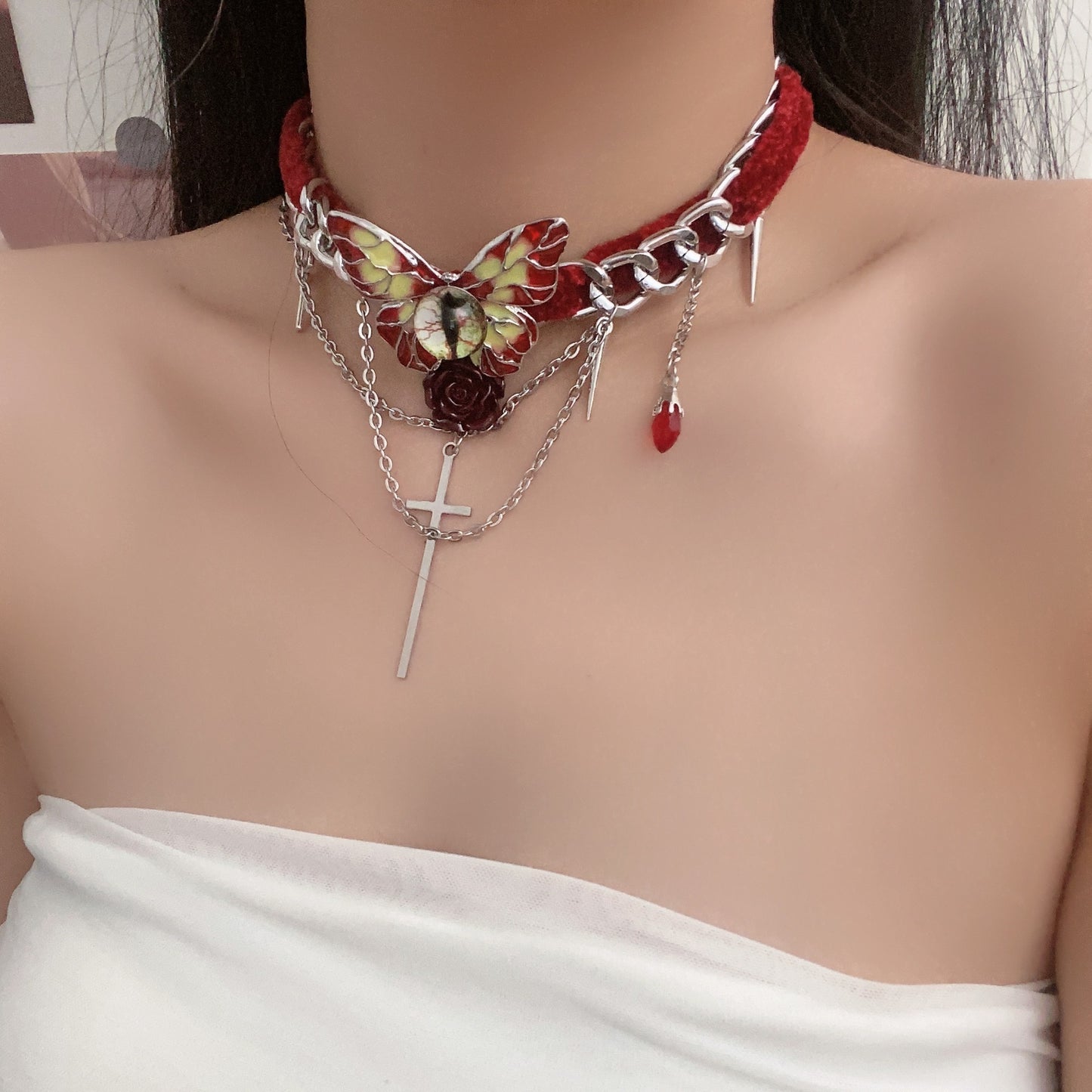 Female Creative Dark Punk Cross Butterfly Collar Necklace