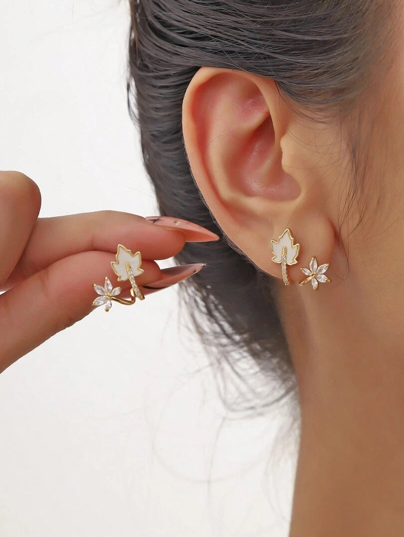 Zirconia Maple Leaf Ear Crawler Earrings