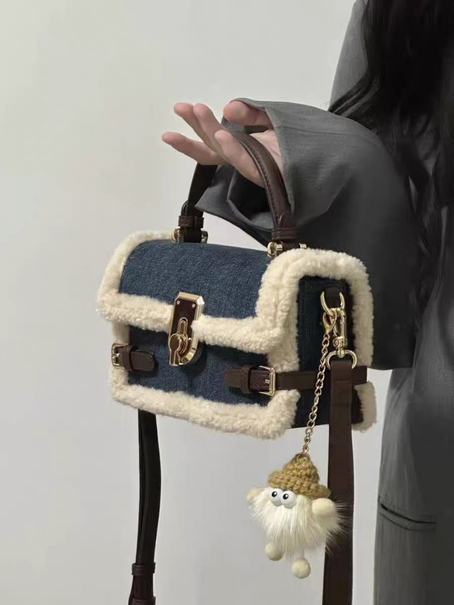 Patchwork Denim Lamb Wool All-match Messenger Bag