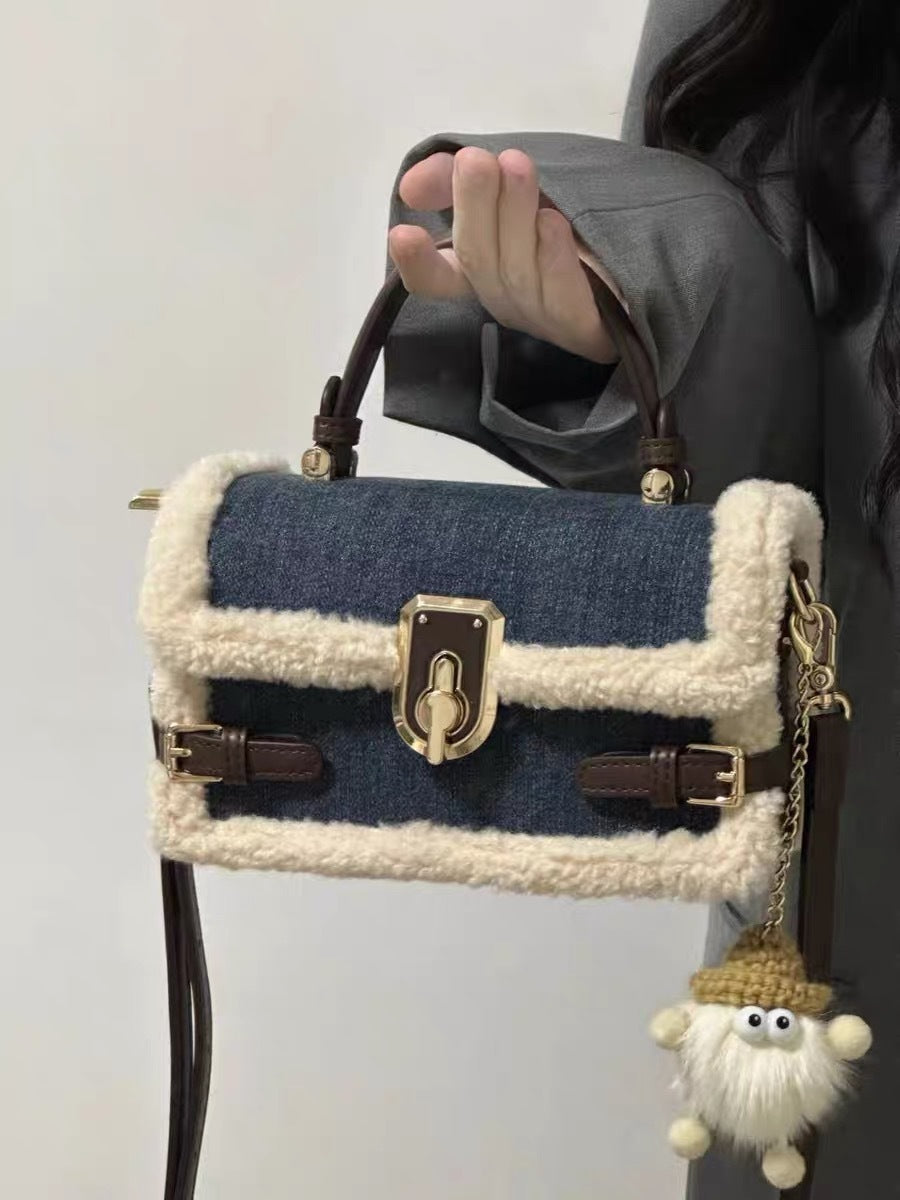 Patchwork Denim Lamb Wool All-match Messenger Bag