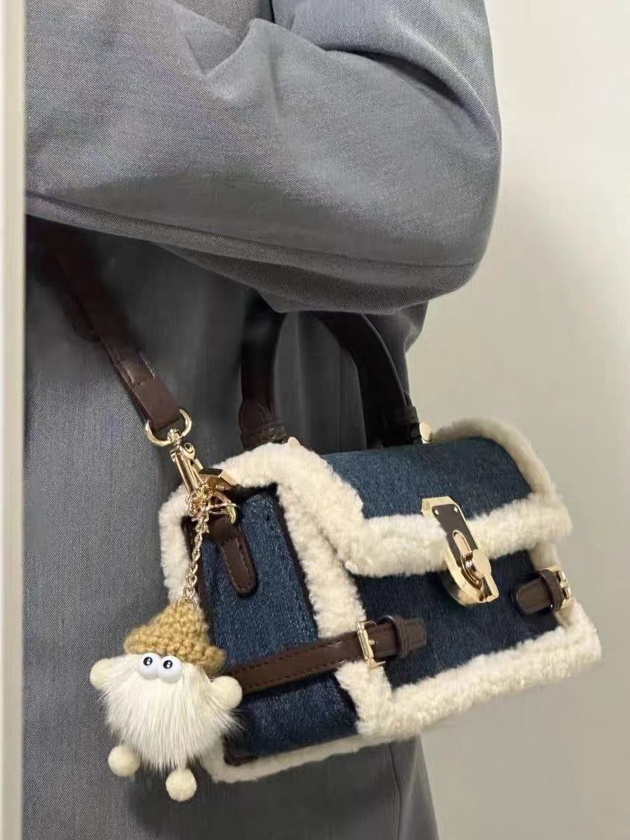 Patchwork Denim Lamb Wool All-match Messenger Bag