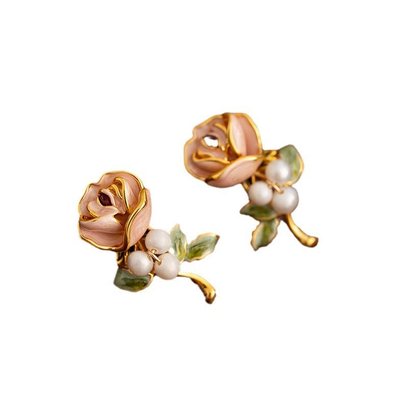 Pearl Flower Female Retro Enamel Dripping Oil Classic Style Middle Ancient French Ear Studs