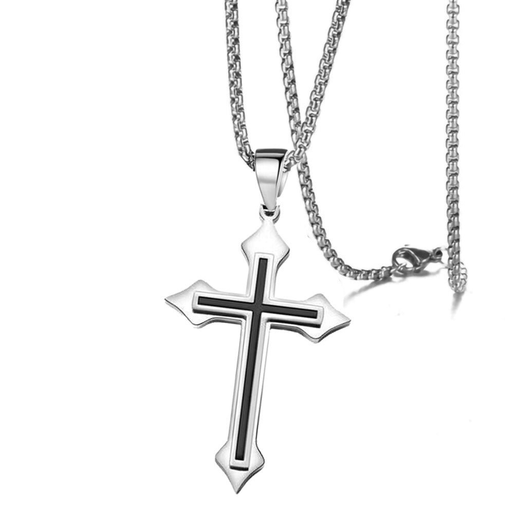 Titanium Steel Men Black Cross Pendant Necklace