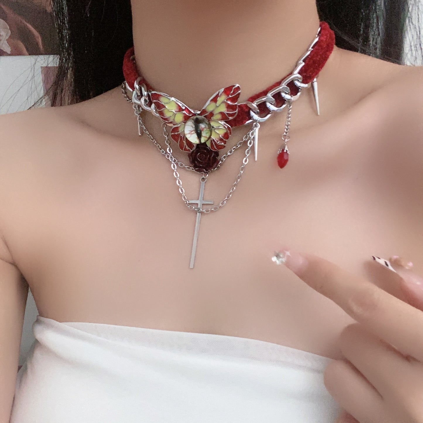 Female Creative Dark Punk Cross Butterfly Collar Necklace