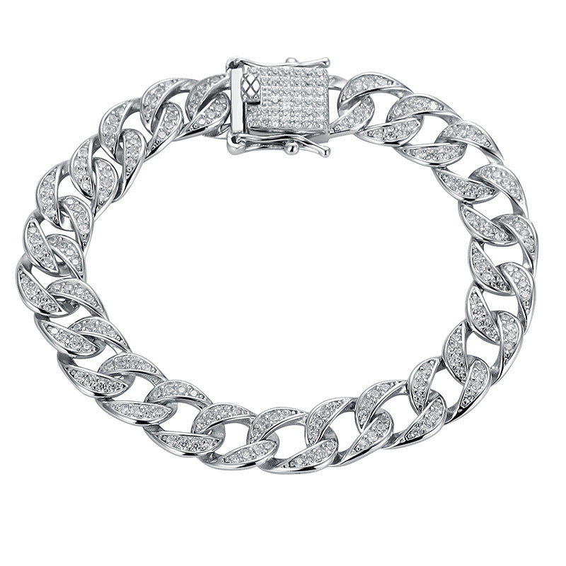 Sterling Silver Moissanite Cuban Link Chain Bracelet Full Diamond