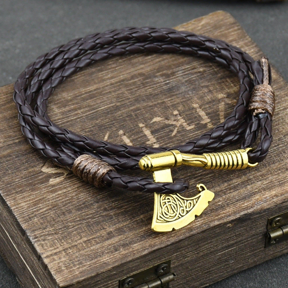 Men's Ax Wrap Anchor Viking Leather Bracelet