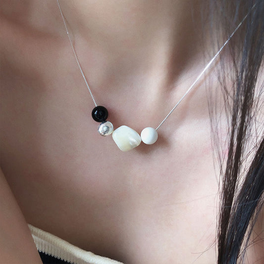 S925 Silver Black Agate White Shell Stitching Necklace