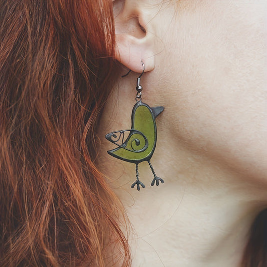 Unique Green Bird Drop Earrings