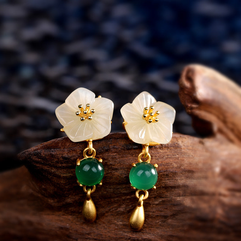 S925 Silver Plated Women's Floral Hetian Jade Ear Studs