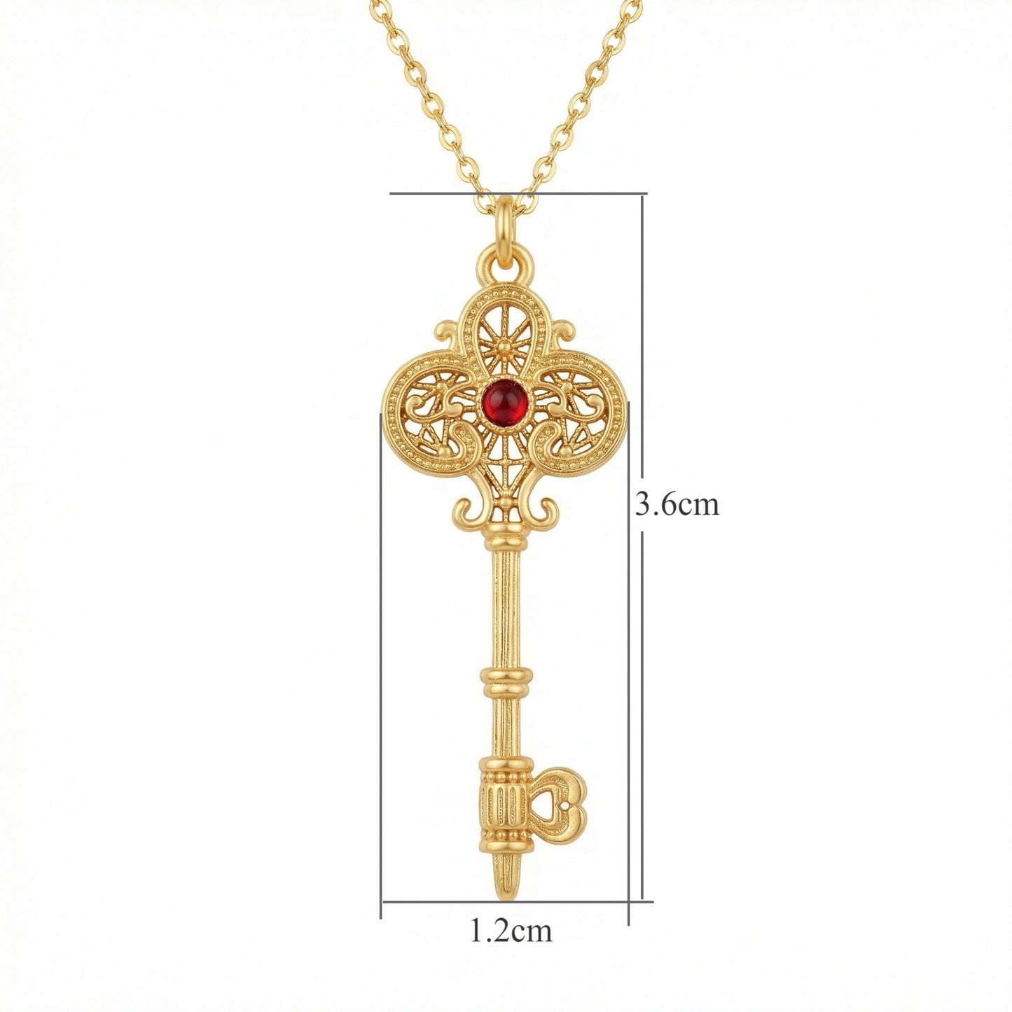 925 Sterling Silver Ornate Filigree Skeleton Key Necklace with Radiant Red Center Stone