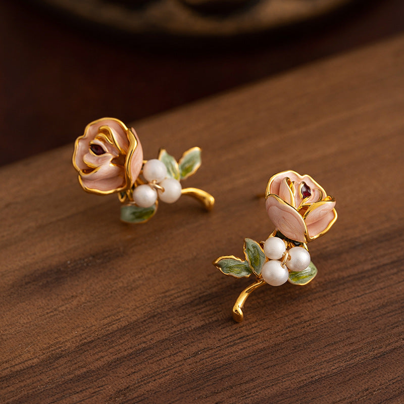 Pearl Flower Female Retro Enamel Dripping Oil Classic Style Middle Ancient French Ear Studs