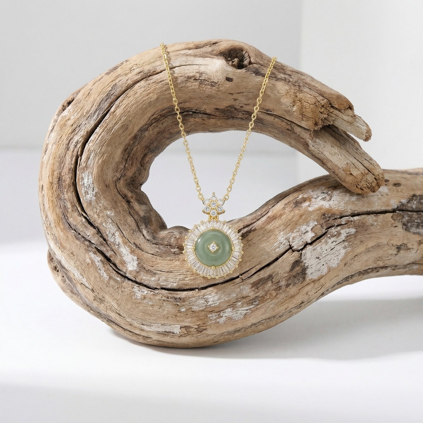 925 Sterling Silver Elegant Green Jade Circle Pendant Necklace with Sparkling Crystal Halo and Floral Bail