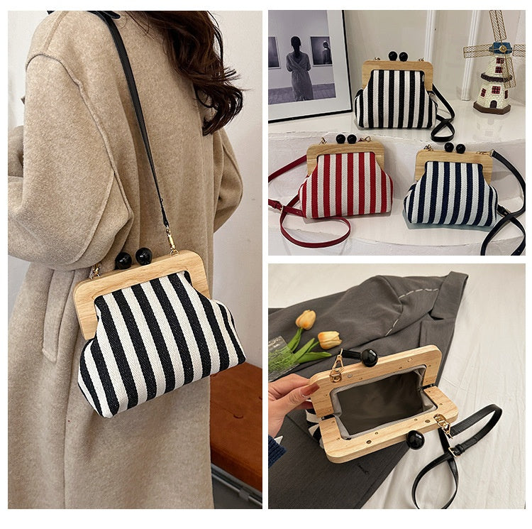 Striped Canvas Wooden Clip-mouth Clutch Bag