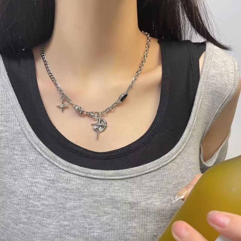 Titanium Steel Gem Eight-pointed Stars Clavicle Chain Necklace