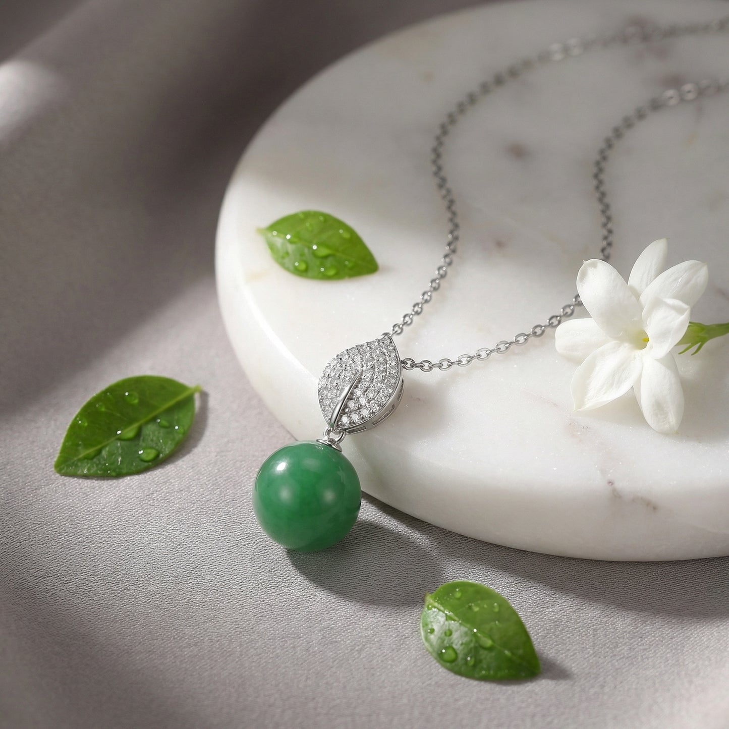 925 Sterling Silver Elegant Silver Necklace featuring a Green Jade Bead and Sparkling Diamond Leaf Bail
