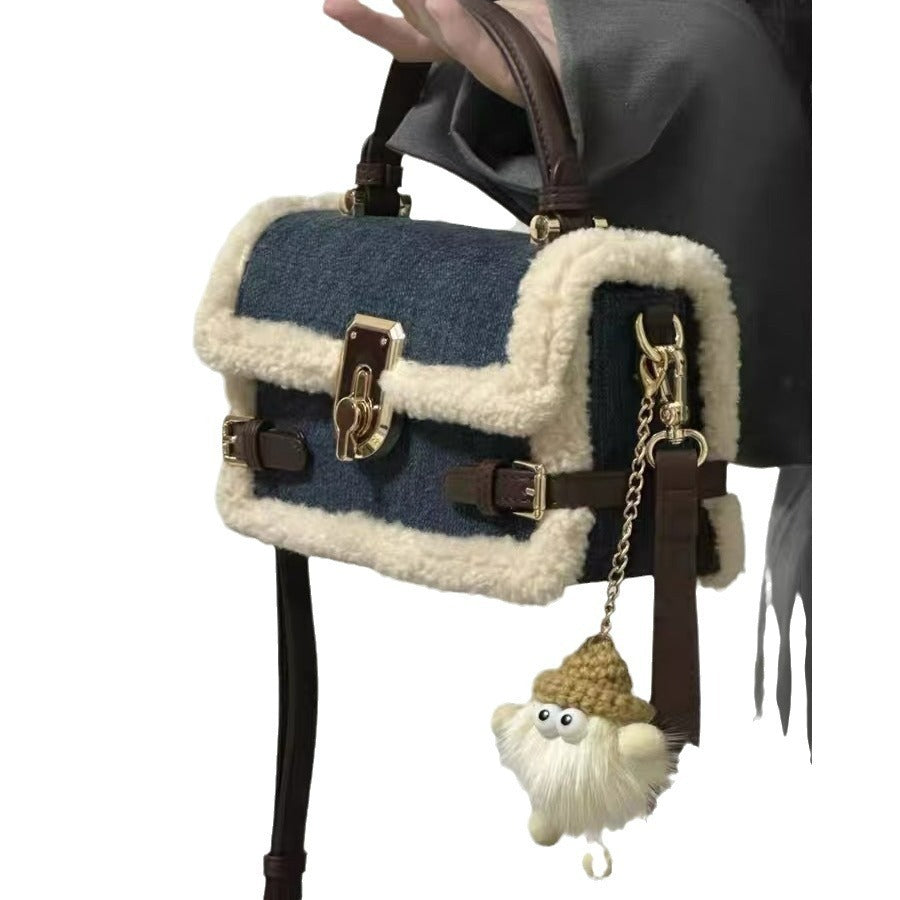 Patchwork Denim Lamb Wool All-match Messenger Bag