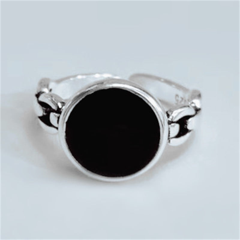 S925 Silver Black Dot Epoxy Round Open Ring