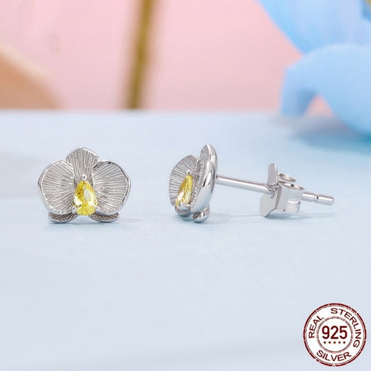 Sterling Silver White Gold Plated Phalaenopsis Stud Earrings